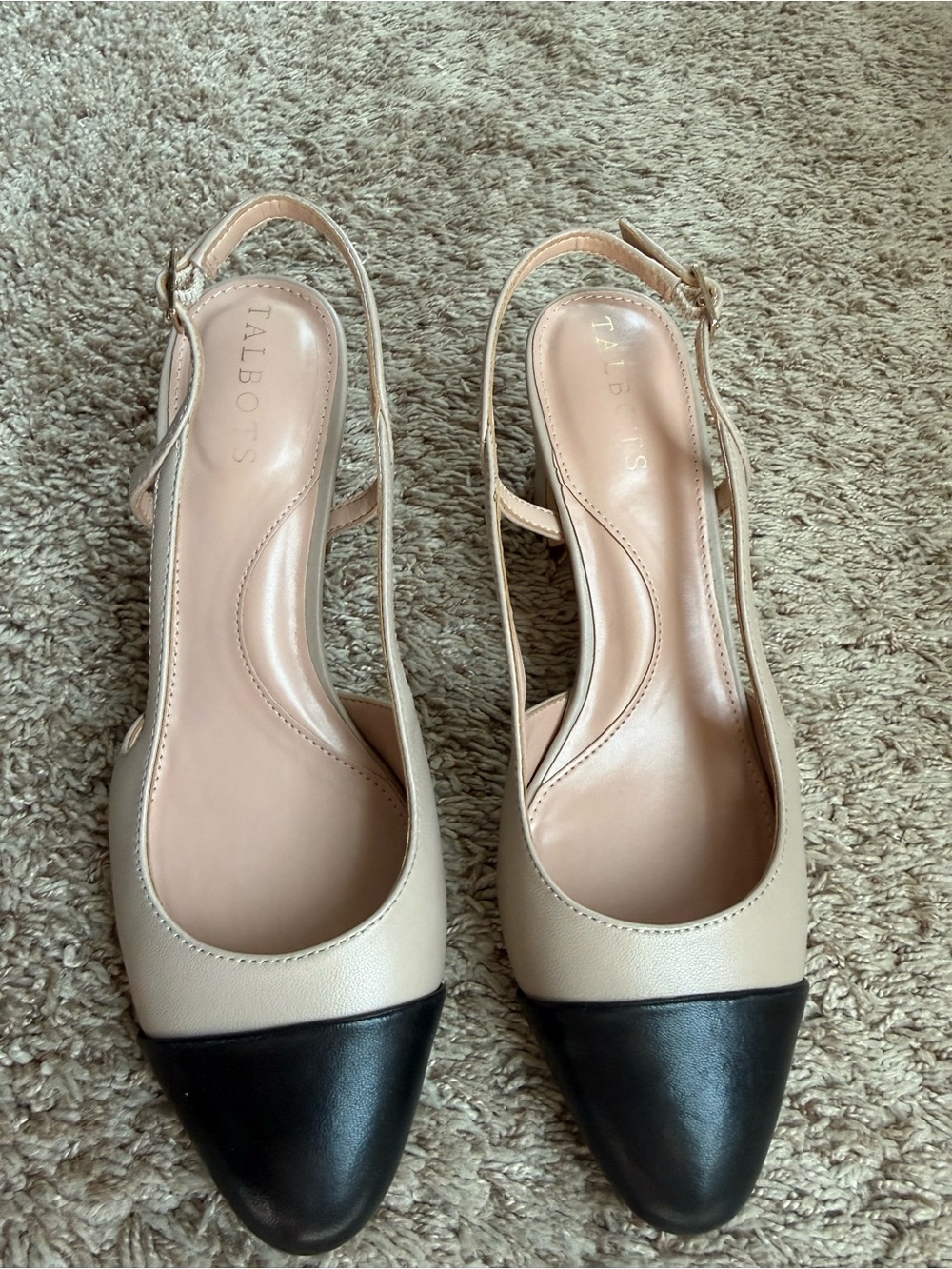 Talbots Beige and Black Cap-Toe Slingback Sandals